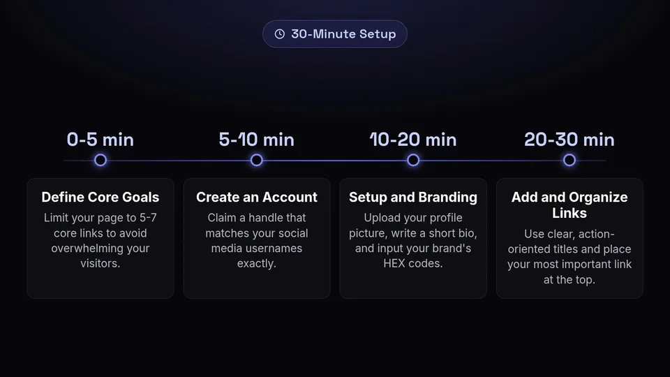 A 30-minute timeline breaking down the steps to define goals, create an account, brand the page, and add links.
