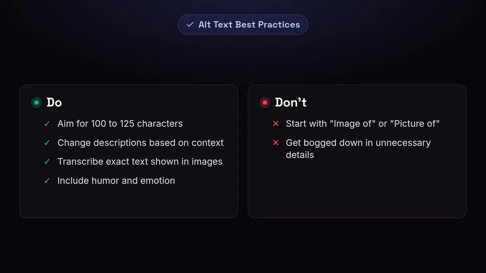 A checklist for alt text: do keep it concise and transcribe text, don't start with 'image of'.