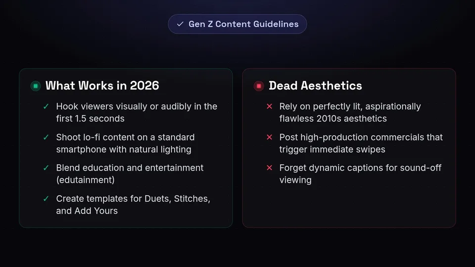 A checklist of dos and don'ts for Gen Z content, highlighting lo-fi edutainment over high-production commercials.
