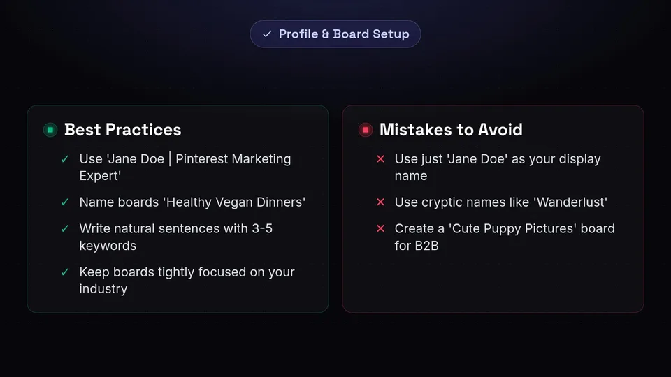 A checklist of dos and don'ts for Pinterest display names and board titles.