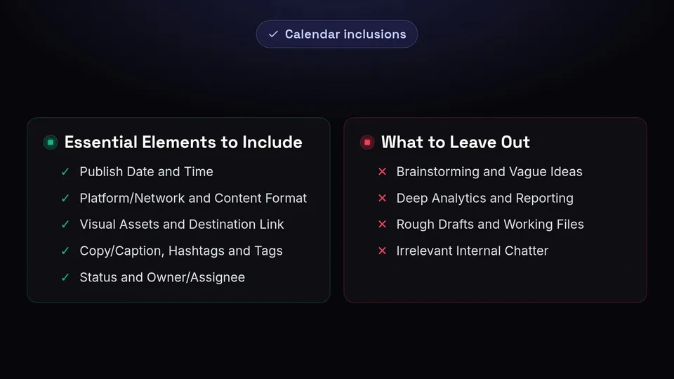 A checklist showing what to include and what to leave out of a content calendar
