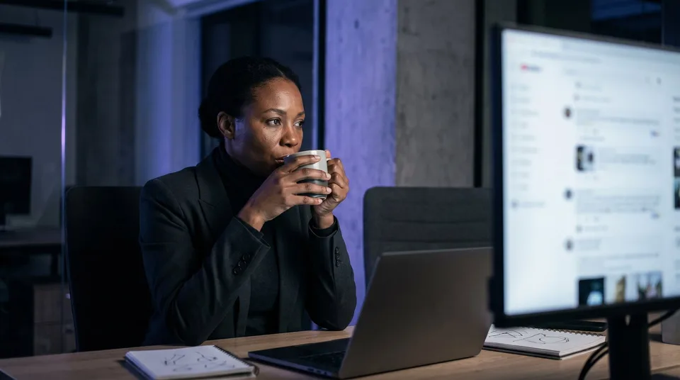 A community manager in a modern office thoughtfully reviews content on a large monitor.
