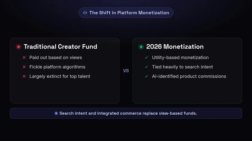 A comparison between traditional view-based creator funds and 2026's search and commerce monetization