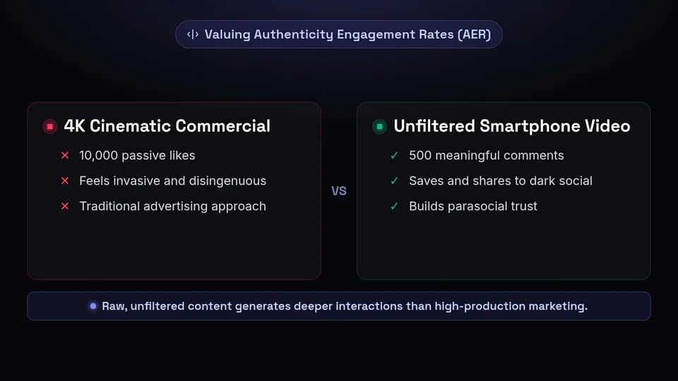 A comparison chart showing why an unfiltered smartphone video is valued higher than a 4K cinematic commercial.