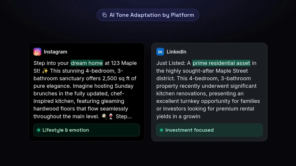 A comparison of an Instagram caption focusing on lifestyle and a LinkedIn caption on investment.