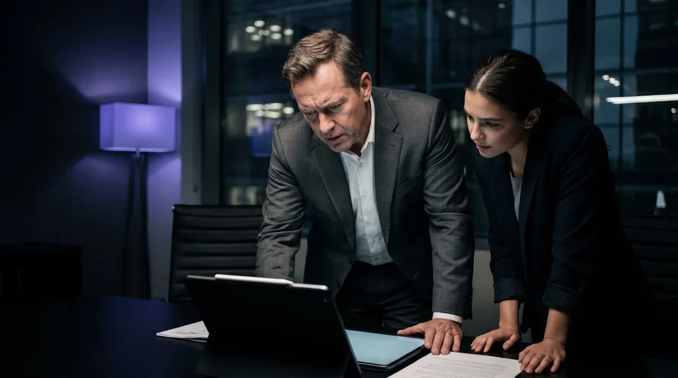 A compliance officer and a colleague reviewing brand assets on a digital tablet in a dim boardroom.