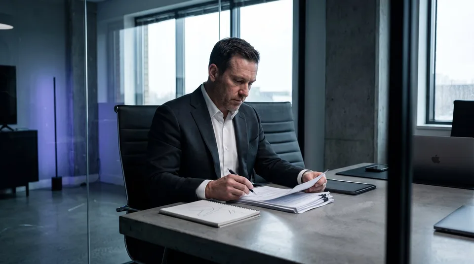 A compliance officer reviewing documents in a glass office.