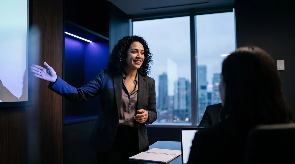 A confident agency owner presents a strategy to her client in a modern boardroom.