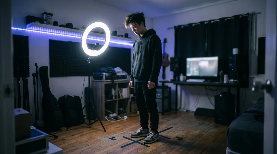 A content creator checking his physical position in front of a ring light to ensure consistent framing.