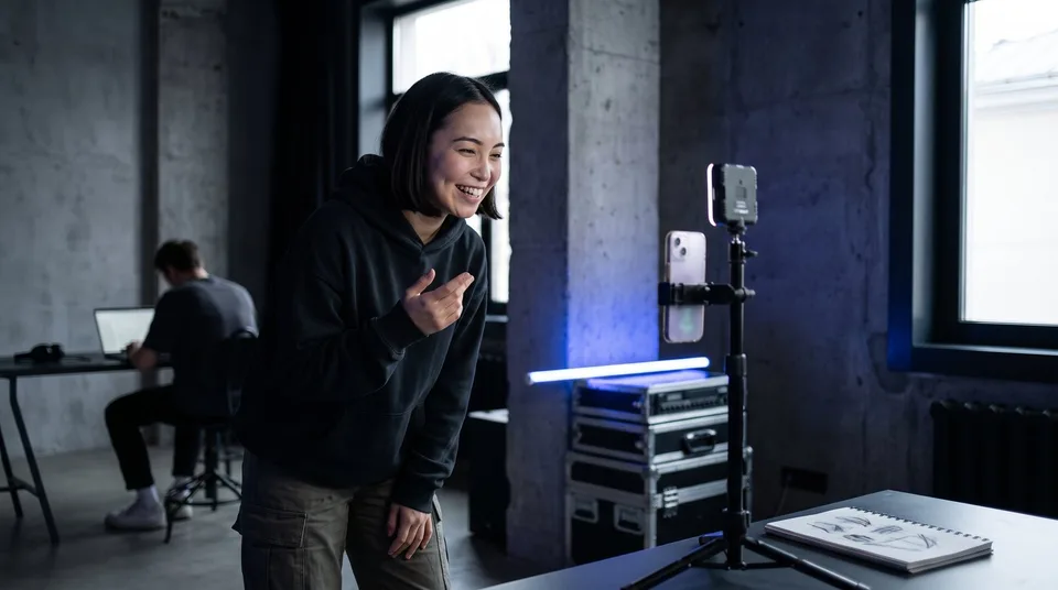 A content creator records a live video on a smartphone in a neon-lit studio.