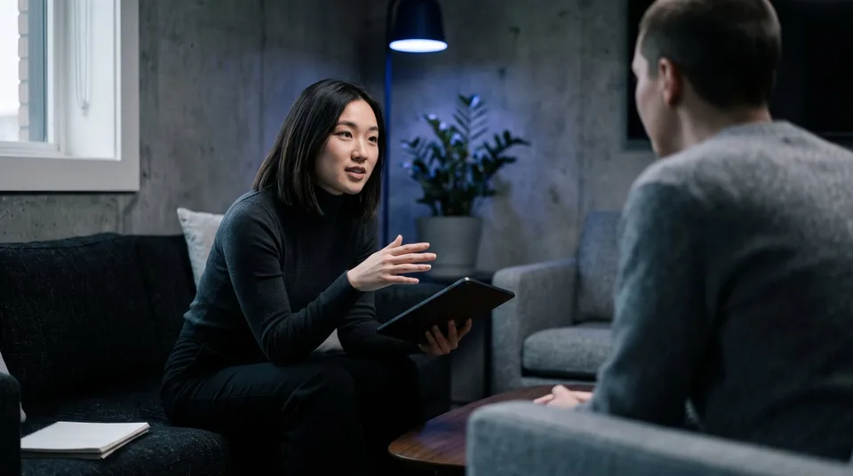 A content strategist discusses ideas with a colleague in a modern, dimly lit lounge area.