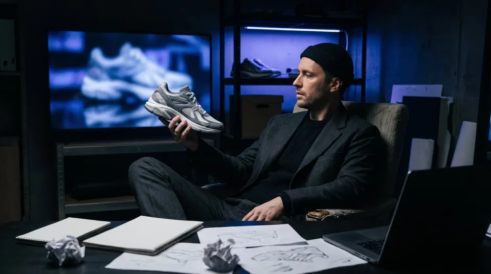 A creative director holding a sneaker and reviewing dozens of video variations on a monitor in a neon-lit studio.