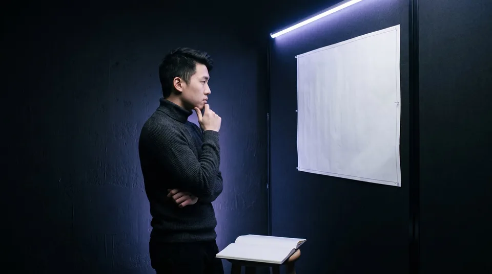 A creative professional examining a complex plan in a minimalist, moody studio setting.
