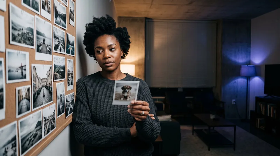 A creator holding a puppy photo against a travel mood board, illustrating a niche pivot.