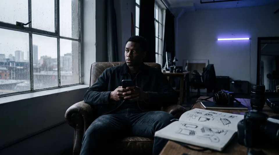 A creator in a moody studio holding a phone and looking thoughtful.