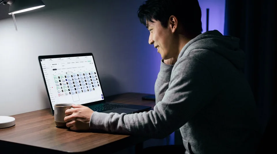 A creator looking relieved while reviewing their scheduled content calendar on a laptop.