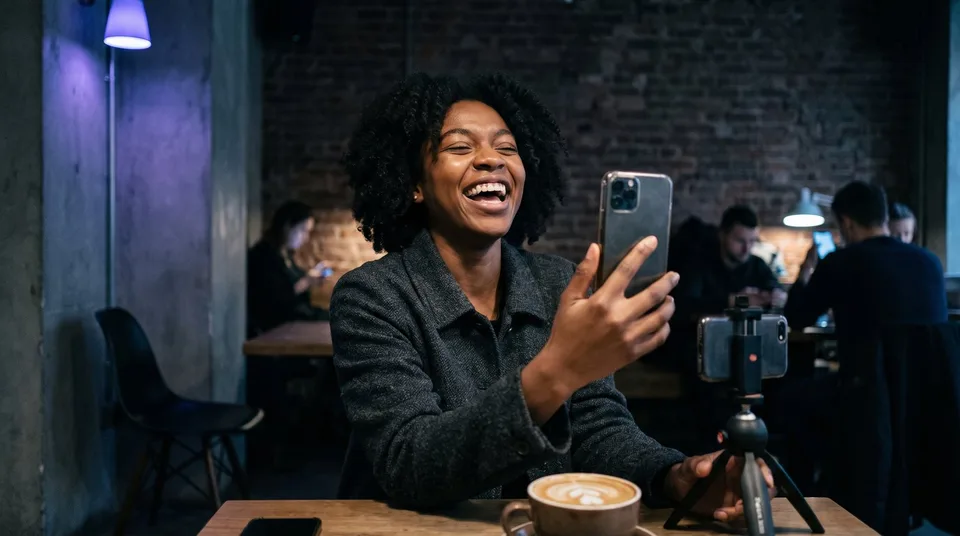 A creator recording a video on her phone in a coffee shop.