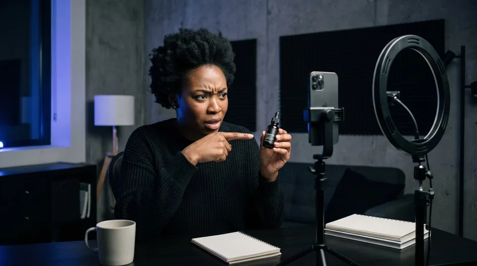 A creator records a silent review, pointing aggressively at a product with an exaggerated expression.