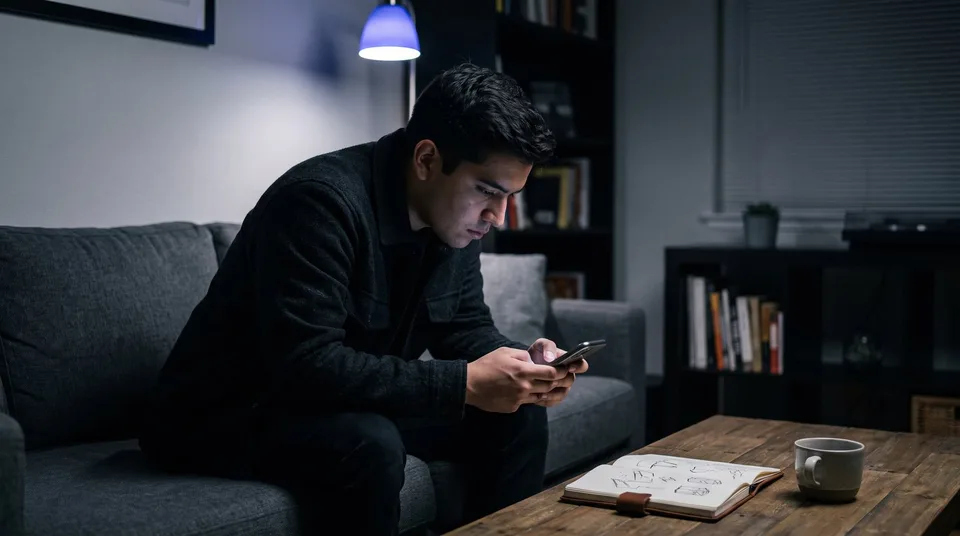 A creator scrolling intently on a smartphone in a moody apartment setting.