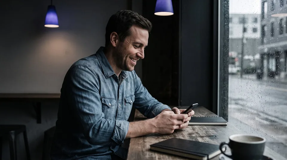 A creator smiling while typing on his smartphone in a modern coffee shop.