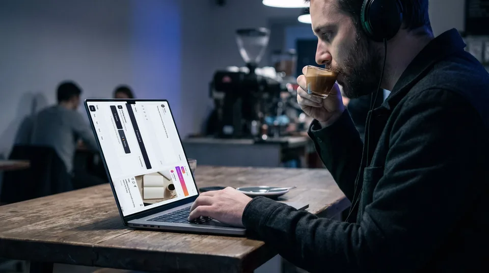 A creator using SchedulifyX on a laptop to schedule Instagram posts and generate AI captions.