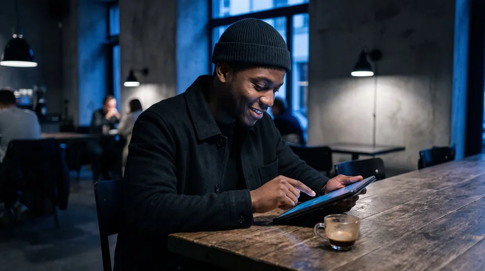 A creator working remotely on a tablet in a modern coffee shop.