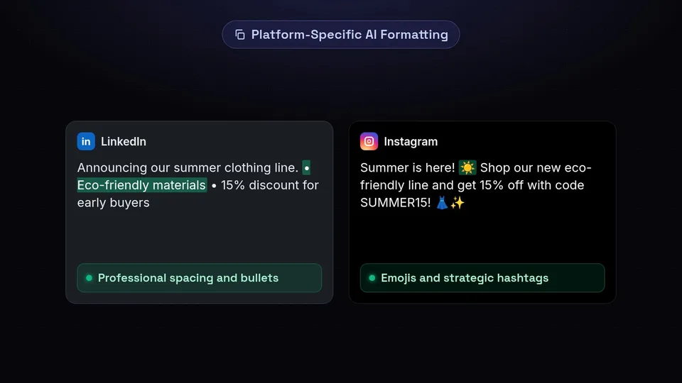 A diagram comparing a professional LinkedIn post with bullet points to a fun Instagram post with emojis.