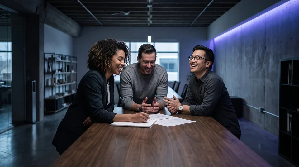 A diverse creative team of three looking relieved and energized during a meeting in a modern agency office.