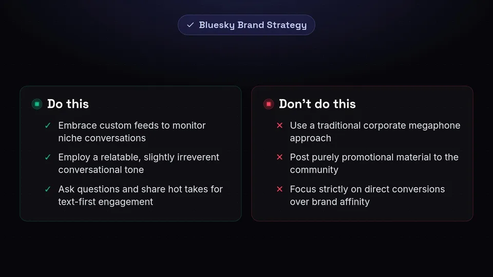 A dos and don'ts checklist for Bluesky highlighting conversational engagement over corporate promotion.