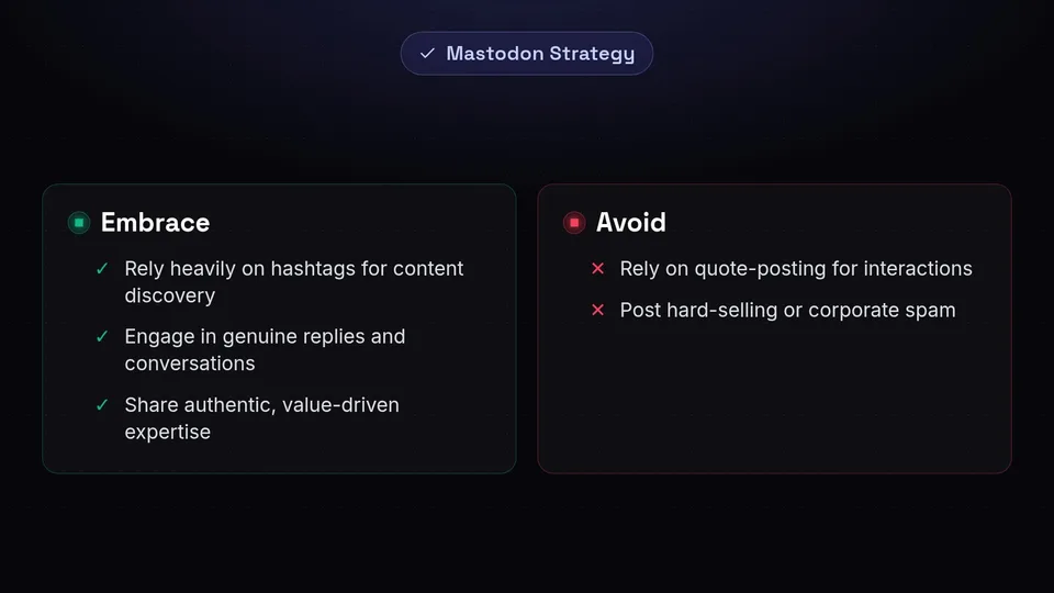 A dos and don'ts checklist for Mastodon, highlighting hashtags and genuine replies over spam.