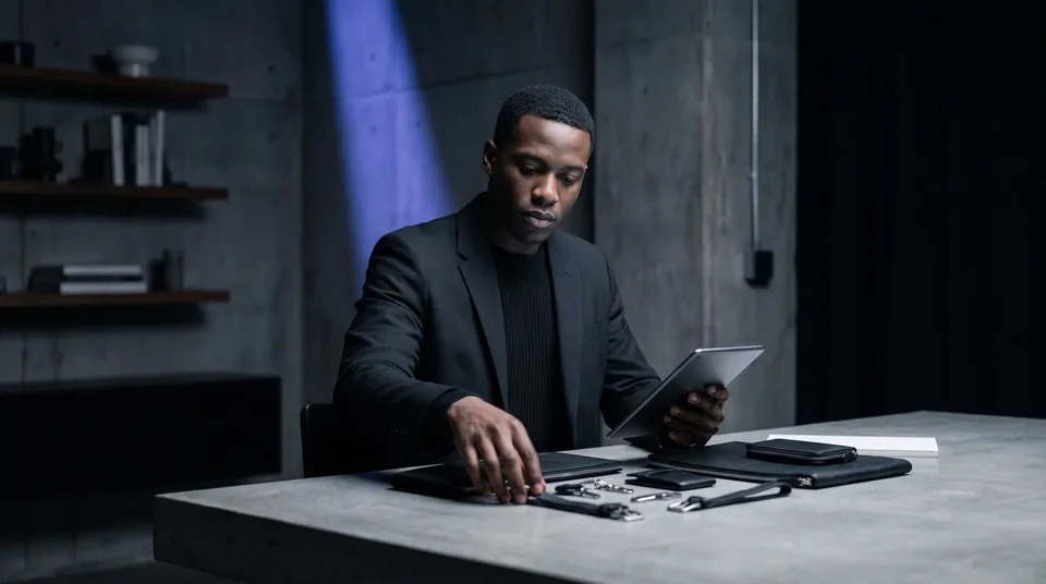 A fashion marketer in a dark studio arranging accessories and looking at a tablet.