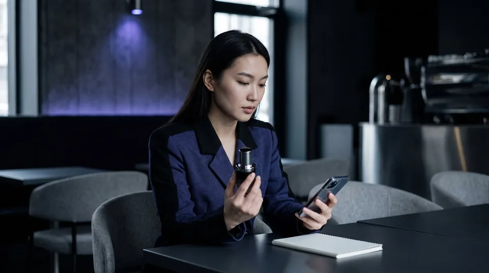 A fashionable young woman checks her smartphone while holding a luxury cosmetic product in a moody, upscale cafe.