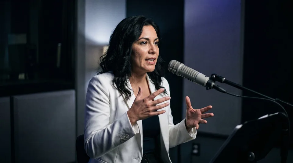 A female CEO recording a video podcast in a modern studio.