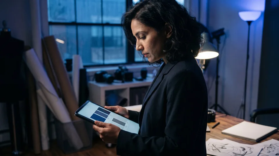 A female designer in a blazer reviews visual assets on a tablet in a modern studio.