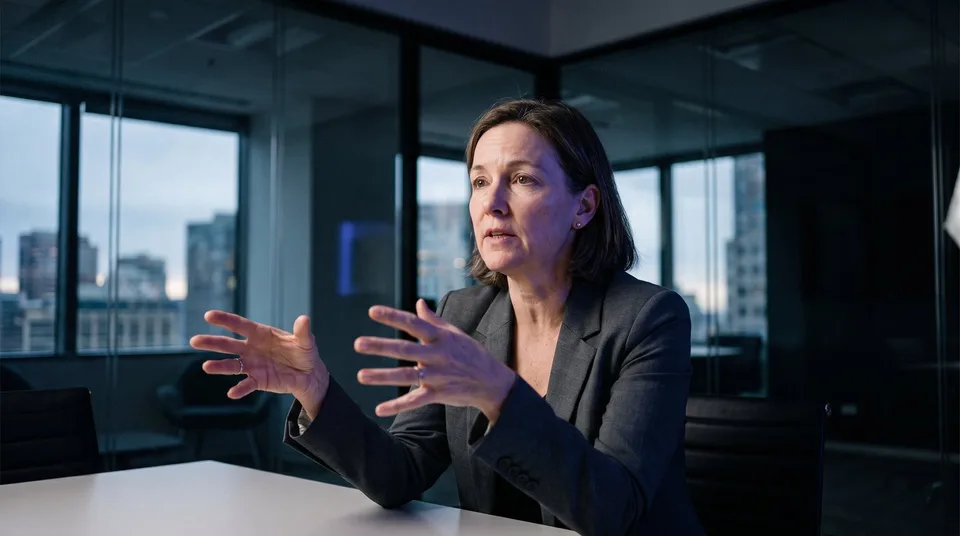 A female executive in a dark conference room speaks emphatically to convey trust.