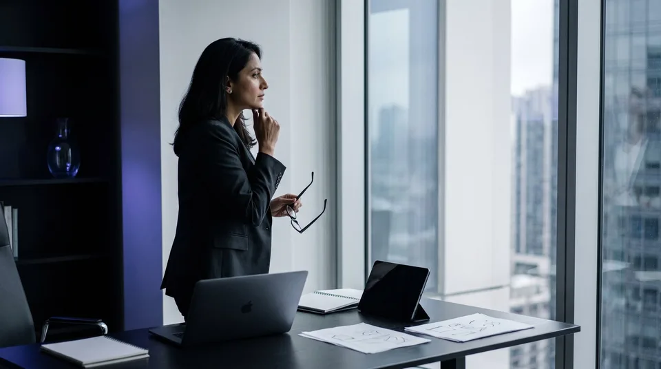 A female executive looks out a window thoughtfully, stepping away from her desk