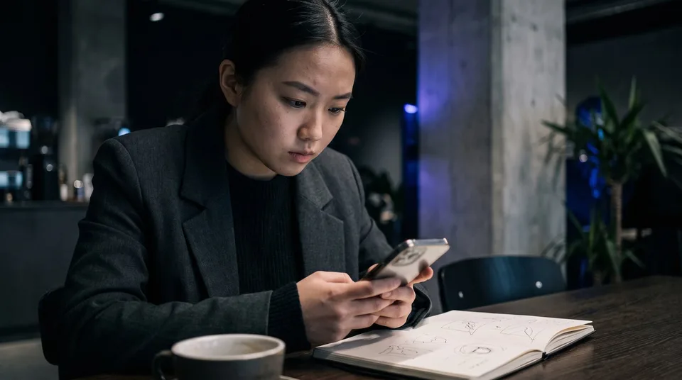 A female founder reviews her brand's profile on a smartphone