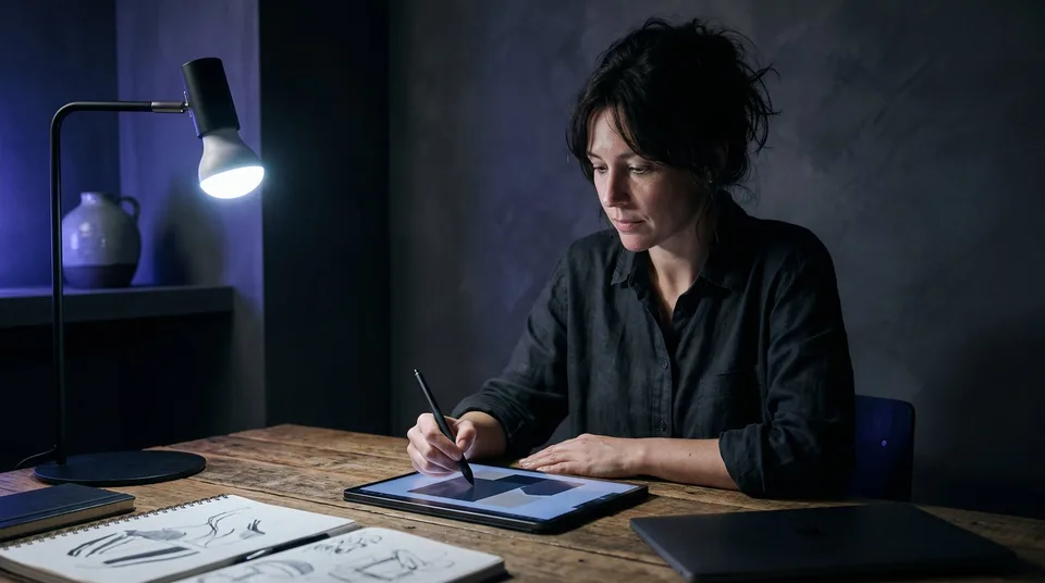 A female graphic designer working on a tablet in a moody, modern home office.