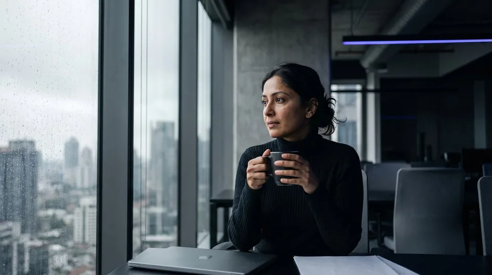A female marketing director thoughtfully holding a coffee cup in a modern high-rise office.