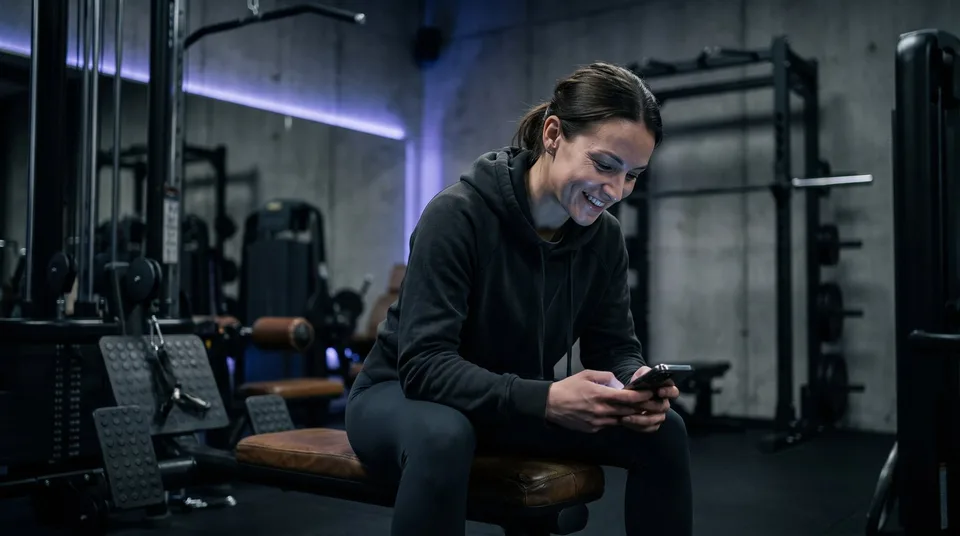 A fitness coach sitting on a gym bench, smiling while checking her phone.