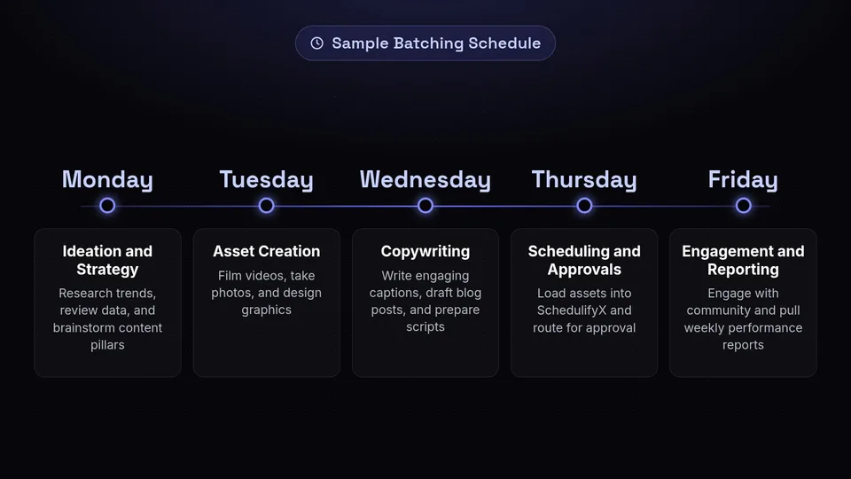 A five-day timeline showing a batch workflow schedule from Monday to Friday.