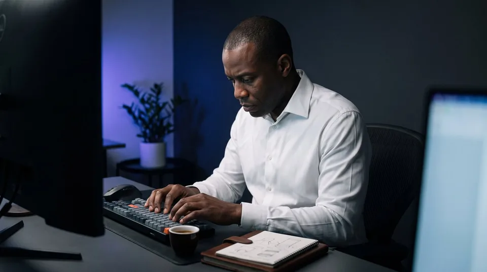 A focused man types on his keyboard in a dark, modern office.