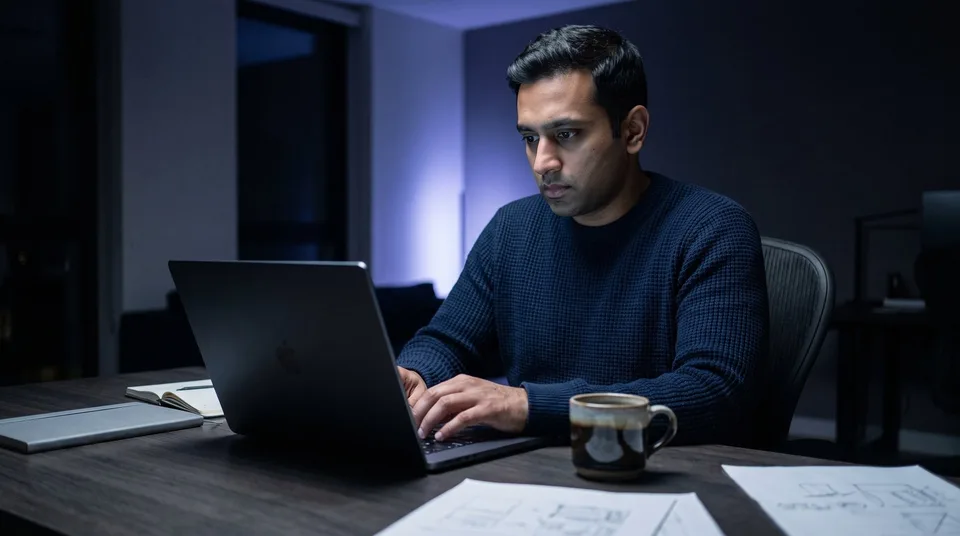 A focused South Asian man in a navy sweater typing on a laptop in a modern, moody workspace.
