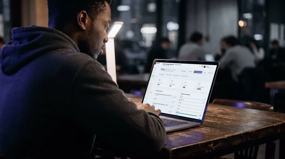 A freelancer focused on a laptop showing a social media analytics dashboard