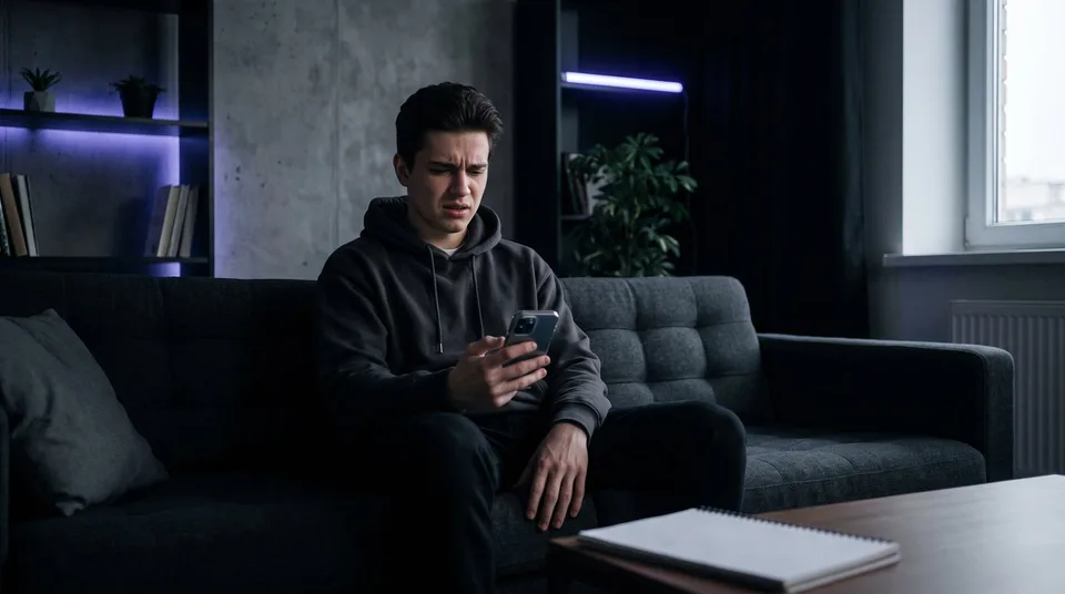 A frustrated young man looking at his smartphone while sitting on a couch.
