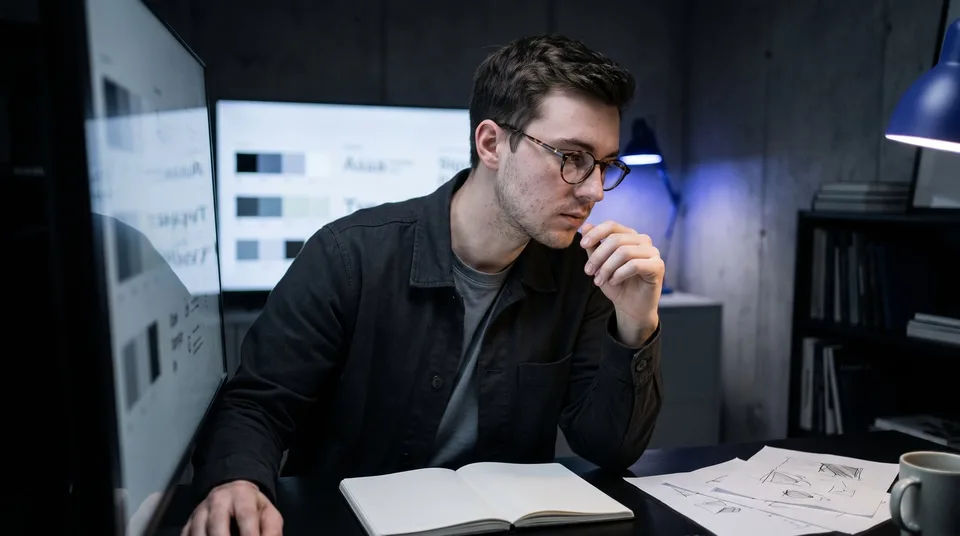 A graphic designer examining color contrast and typography on a large computer monitor.