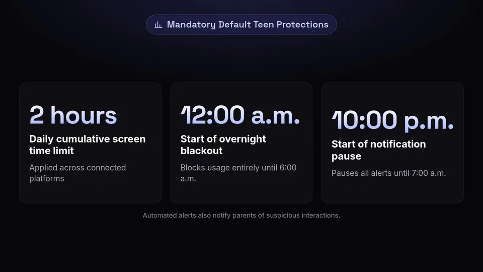 A graphic showing new teen account limits: 2 hours daily limit, 12 am blackout, and 10 pm notification pause.