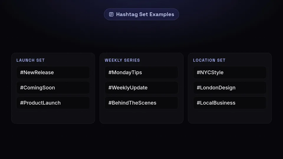 A graphic showing three examples of hashtag sets: Launch Set, Weekly Series, and Location Set.