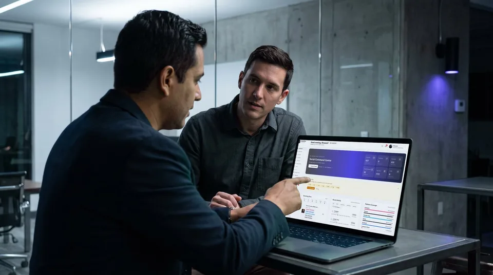 A Hispanic male agency owner points at a SchedulifyX dashboard on a laptop during a meeting in a moody office.