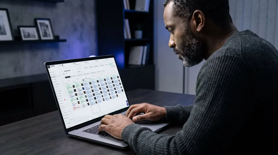 A laptop displaying a weekly content calendar to optimize posting times.